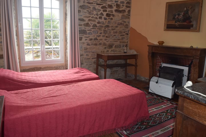 Chambre jaune con pared de piedra vista.  ¡Dos camas individuales!   La llamamos la habitación Topaze por la obra Topaze de Marcel Pagnol, en la que Jeanne Provost interpretó a Lucy con gran éxito. 