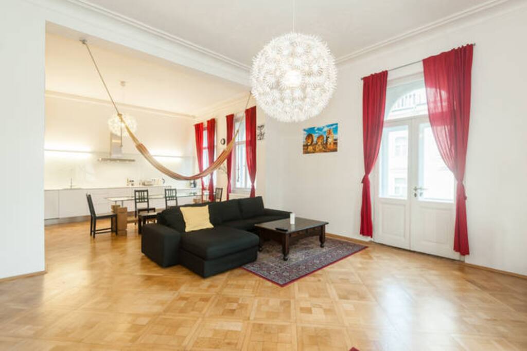 Spacious living room with modern kitchen
