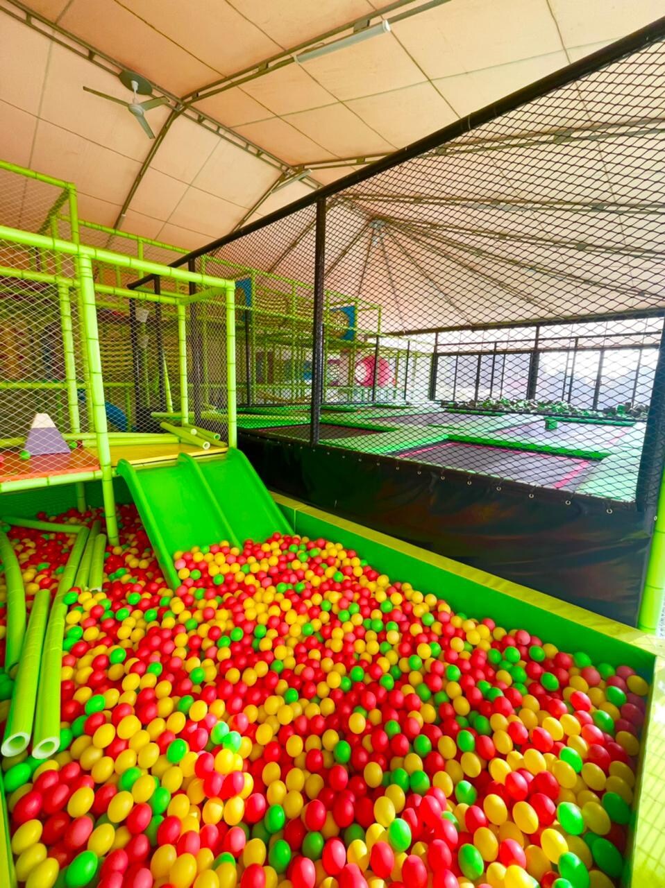 An indoor play area is visible, featuring a vibrant ball pit filled with yellow, red, and green balls. A green slide connects to the pit, while netted enclosures secure various play zones in the background, enhancing a lively environment for children.