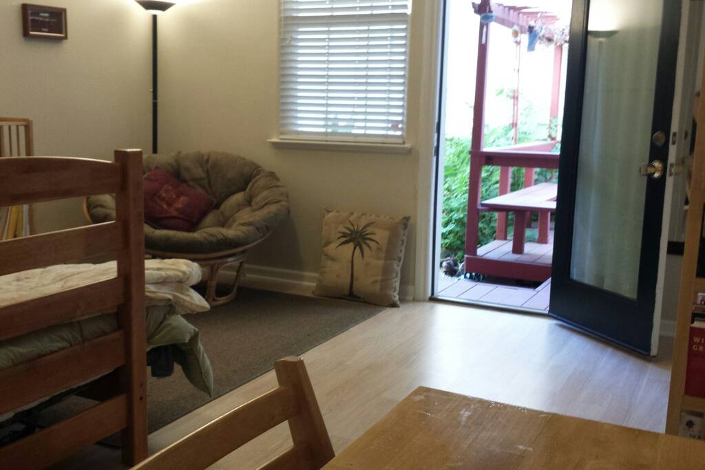 View of room back yard door.