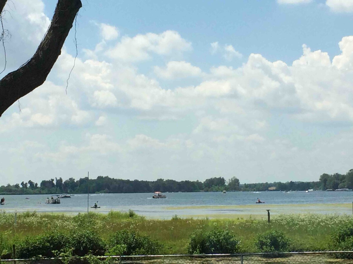 A serene view of the lake is presented, featuring gentle waves reflecting a blue sky adorned with soft clouds. Various boats can be seen on the water, highlighting recreational activities. Lush greenery frames the foreground, enhancing the natural ambiance of the lakeside setting.