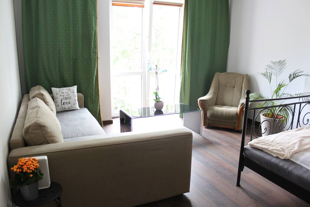1st bedroom with sofa and french balcony
