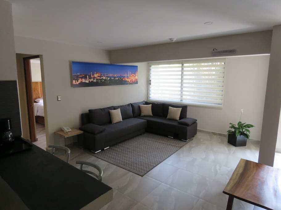 Amplia estancia, con sala y balcón vista hacia la calle.
