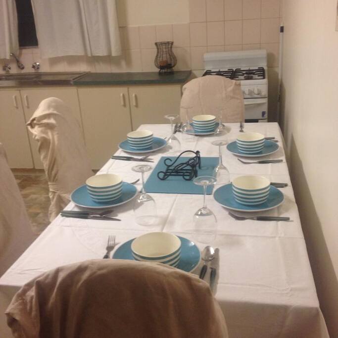 Kitchen, set for dinner.