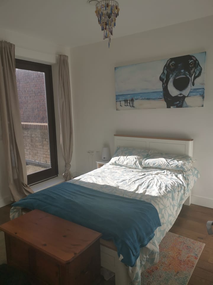 Главна спална соба. Многу светла со пристап до балкон и модерен прибор. Вградена гардероба и фиоки достапни за користење. 