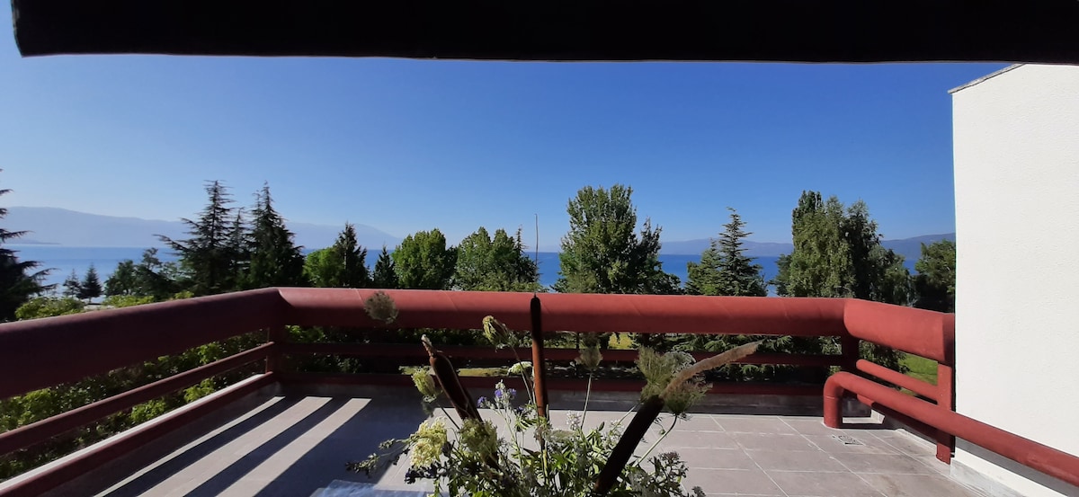 A spacious balcony offers a wide view of Ohrid lake and surrounding greenery. The railing features a rustic red hue, complementing the tranquil landscape. Potted plants enhance the natural setting, with blue skies visible above and trees framing the scene in the distance.