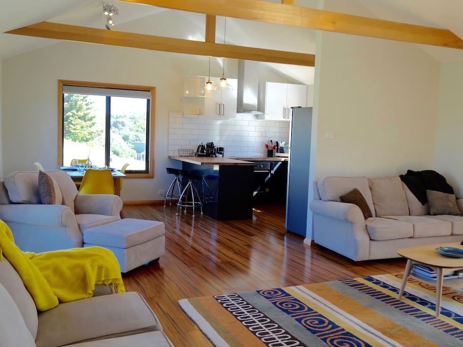 Colour and light filled open plan living/dining and kitchen.