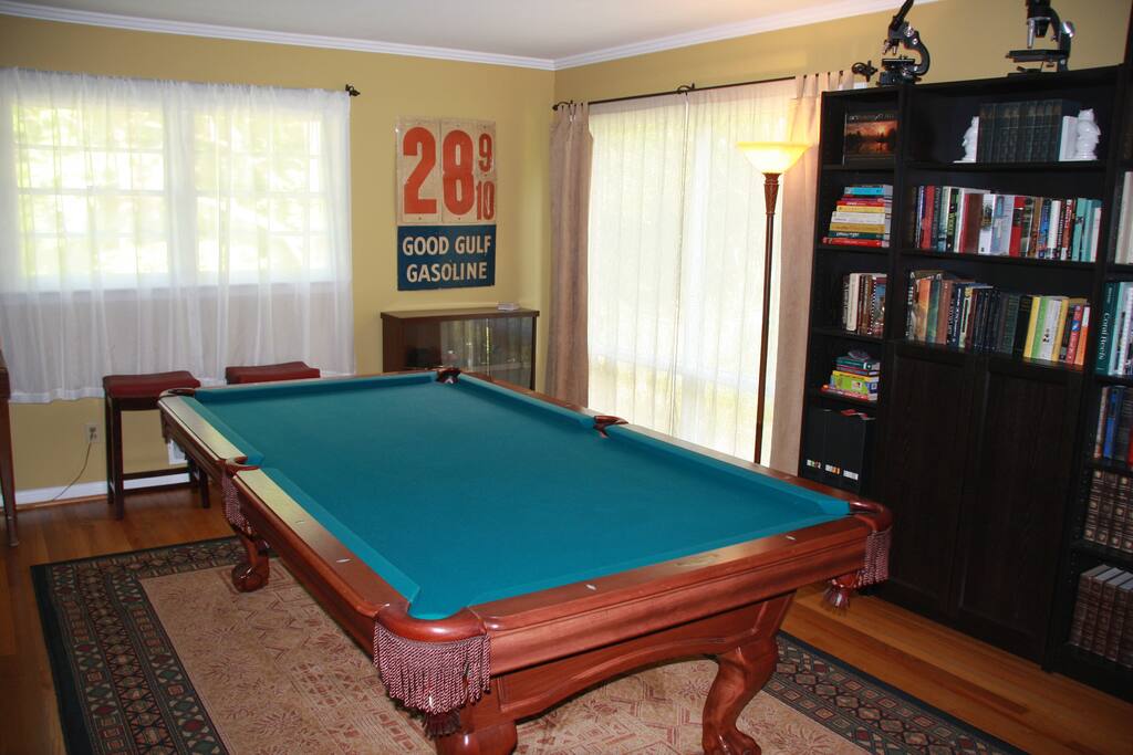 Office/library/Billiard room has lots of cool vintage decor. When was gas 28 cents a gallon?