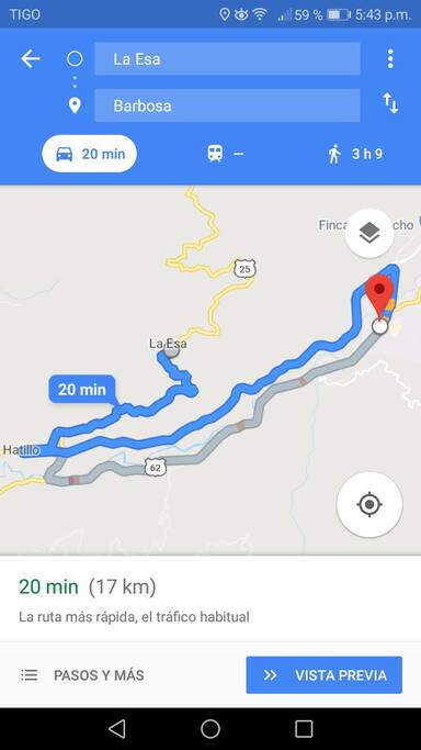 Ruta desde el hospedaje hasta barbosa