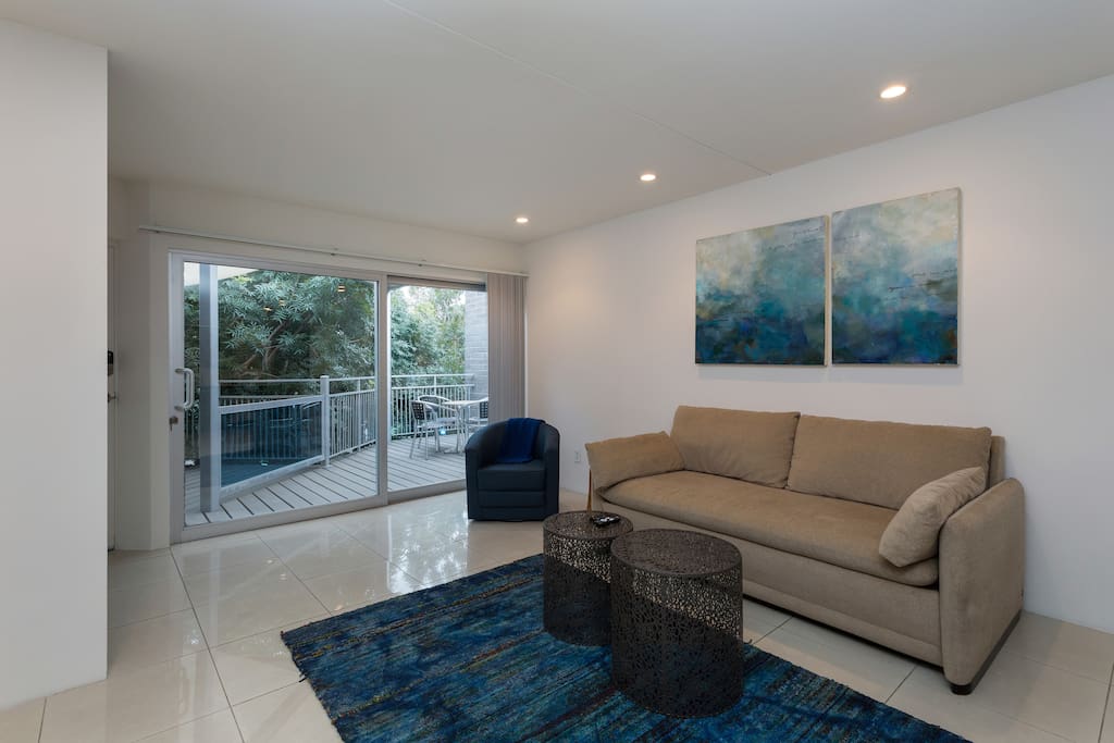 Private patio view through living room slide door