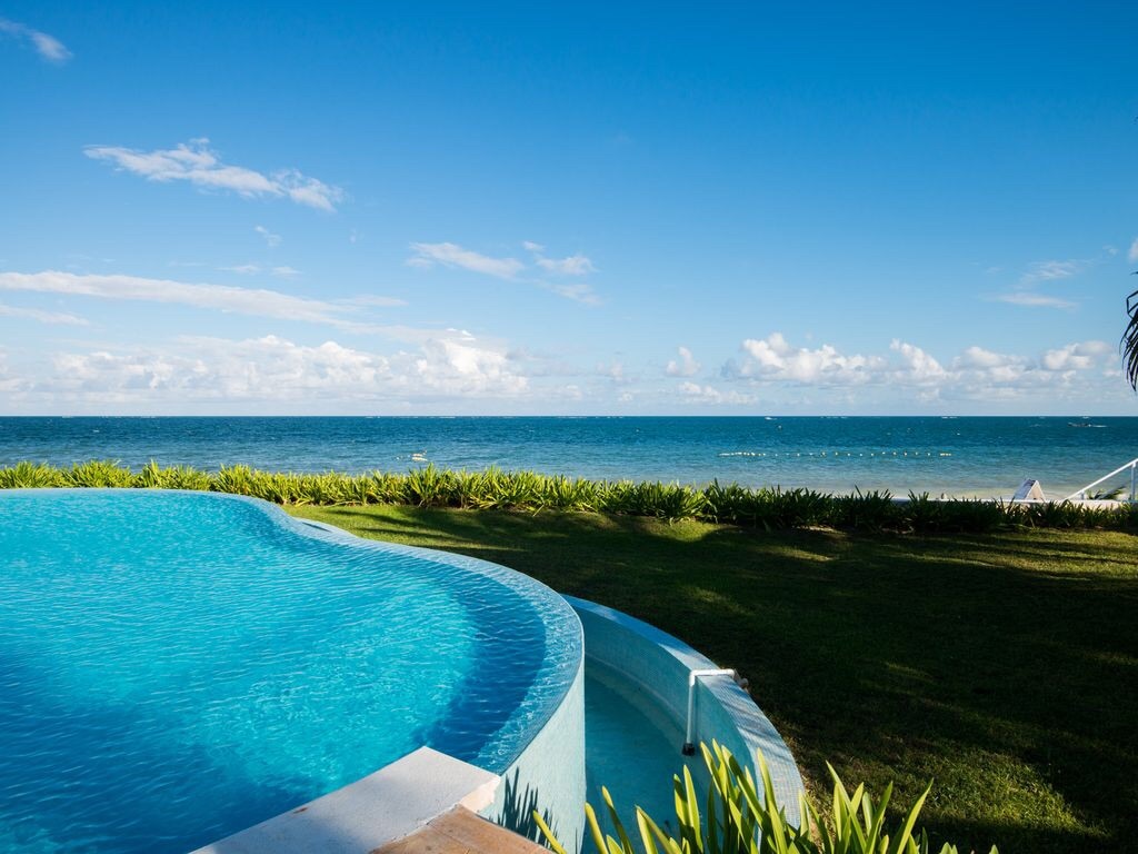 A serene outdoor scene showcases a smooth, infinity-edge pool that appears to blend with the ocean beyond. Lush green grass and vibrant plant life frame the pool area, while the expansive sea stretches under a clear blue sky with scattered clouds.