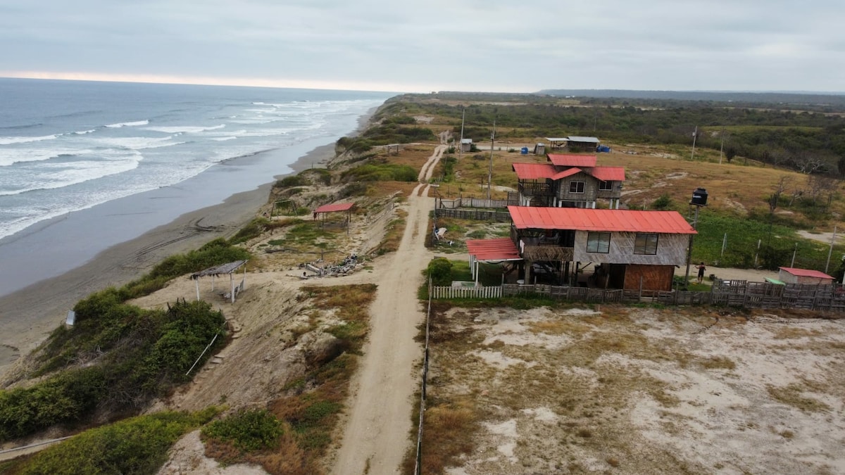 An aerial view captures the coastline with gently rolling waves meeting the shore. A dirt road stretches towards a cluster of rustic buildings, featuring red roofs. Lush greenery outlines the sandy beach, creating a serene natural setting away from urban life.
