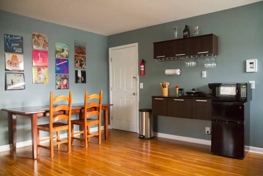 Kitchenette has mini fridge, freezer, microwave, coffee maker, and electric skillet that cooks the most perfect eggs you'll ever have.