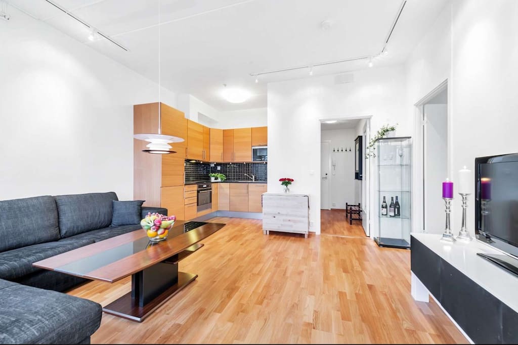 Fresh living room and kitchen.