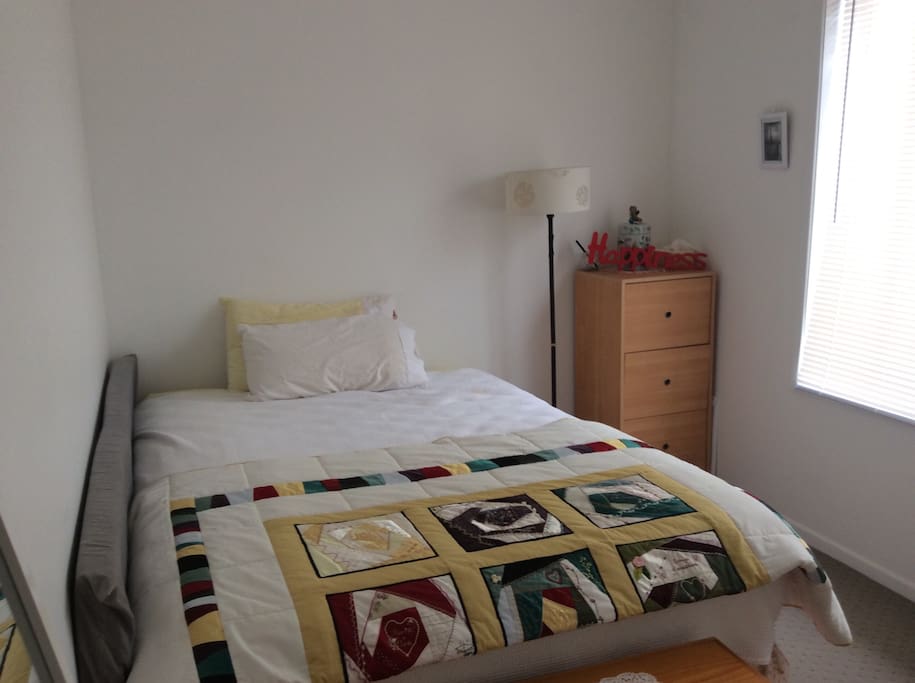 Queen sized bed, cupboard storage and ceiling fans