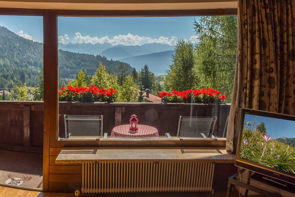 Blick aus dem Wohnzimmer vom 3-Raum-Apartment nach draußen
