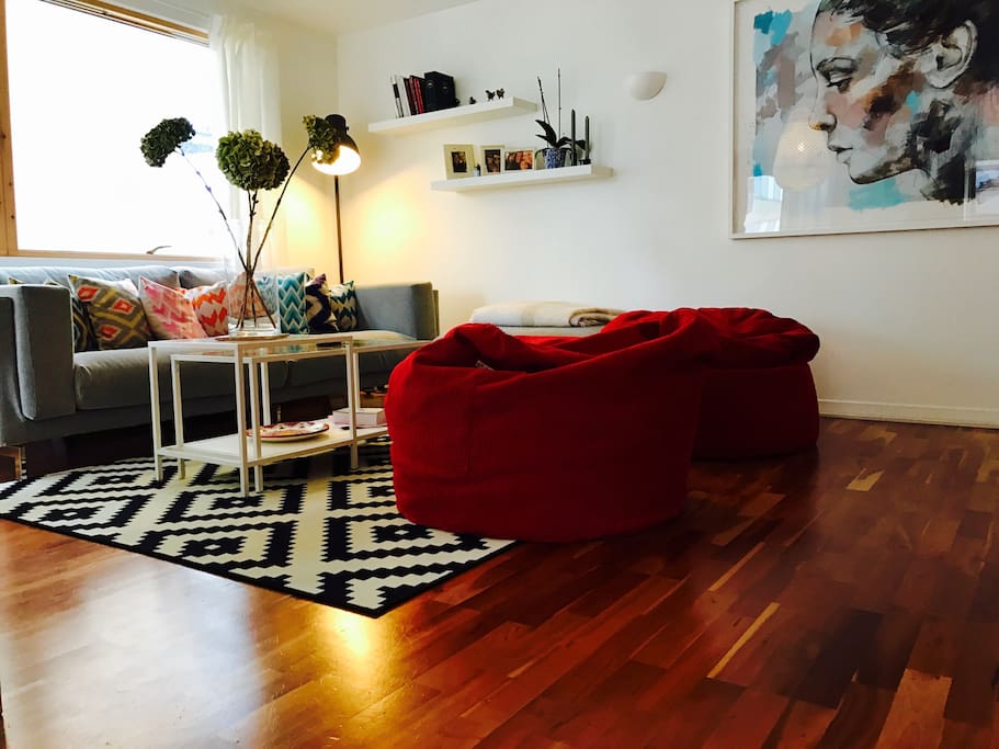 Living room with plush bean bags
