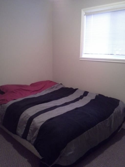 The room and queen sized bed