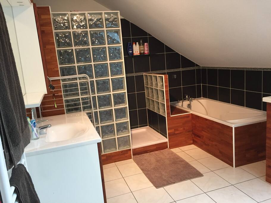 Salle de bain entièrement équipée : douche, baignoire, lave linge, sèche linge, table à repasser, chauffe serviette, étendage intégré.
