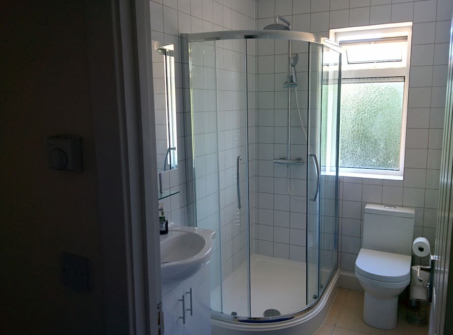 Bathroom with rainfall style shower.