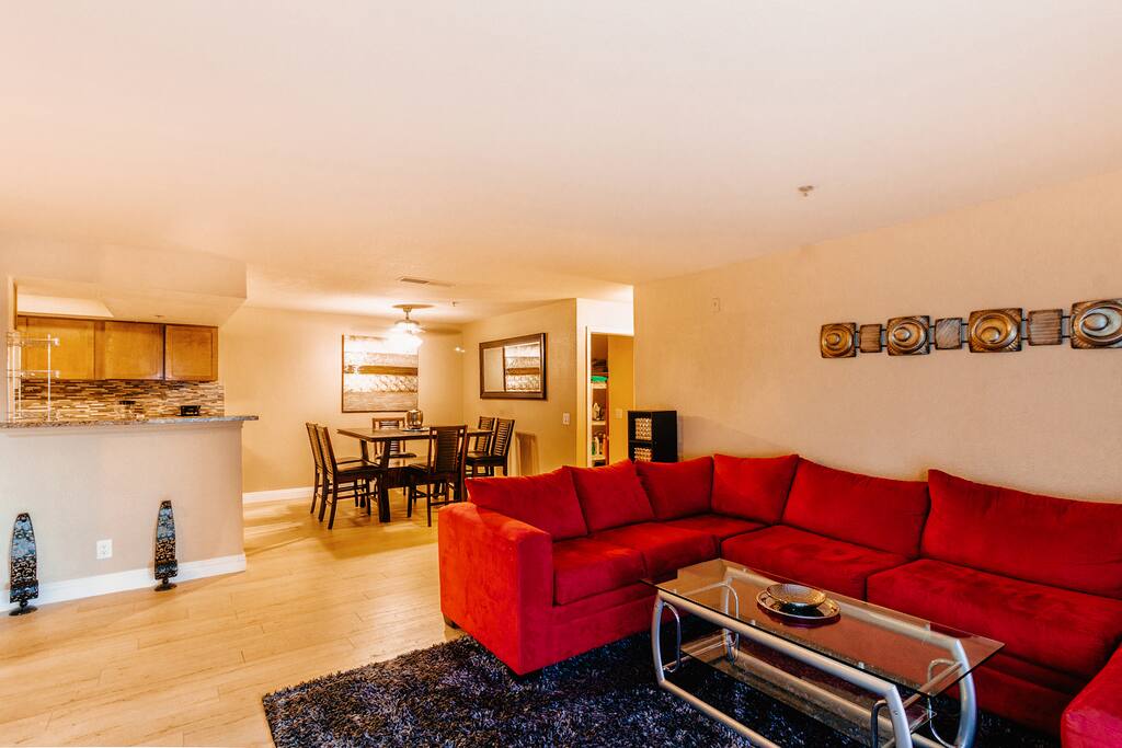 Wraparound couch in lounge area.