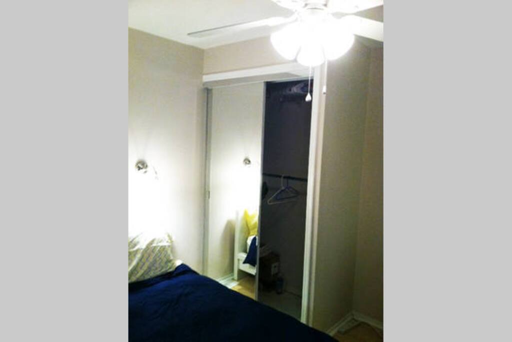Mirrored closet and ceiling fan.
