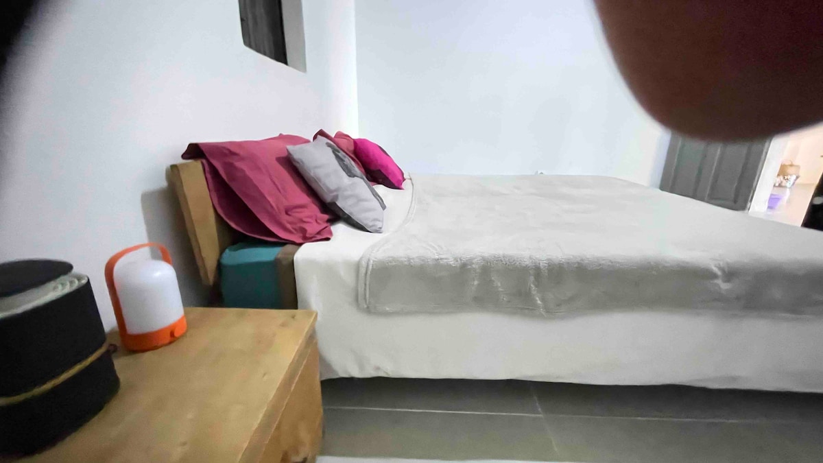 A spacious bed is positioned against a light wall, adorned with a selection of colorful pillows. A soft blanket covers the bed, while a bedside table holds a lamp and other essentials, contributing to a serene accommodation setting.