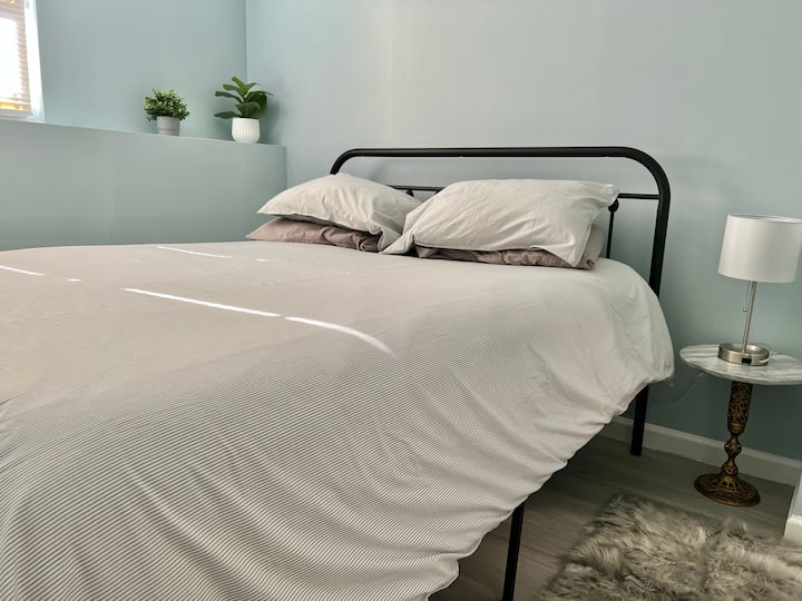 Private bedroom 2, with a queen bed and closet, separated from the rest of apartment by a door.
