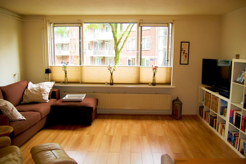 Sunny livingroom with flatscreen tv