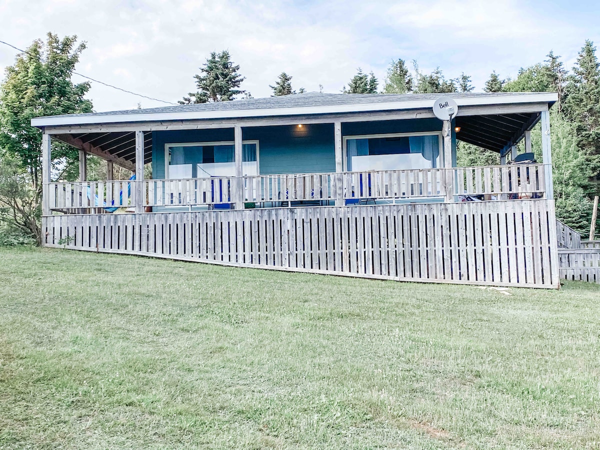 The cottage is set on a grassy slope, featuring a spacious front deck with wooden railings. Large windows provide natural light to the interior. Surrounding trees create a serene environment, while the bright blue exterior adds a touch of vibrancy.