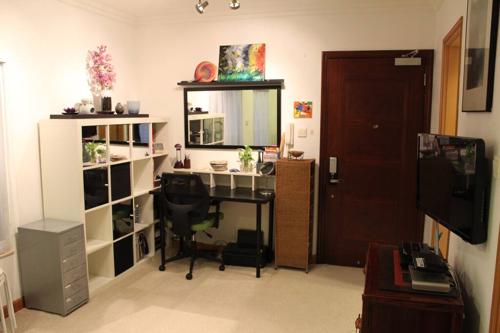 Shelving and storage, desk and desk chair.