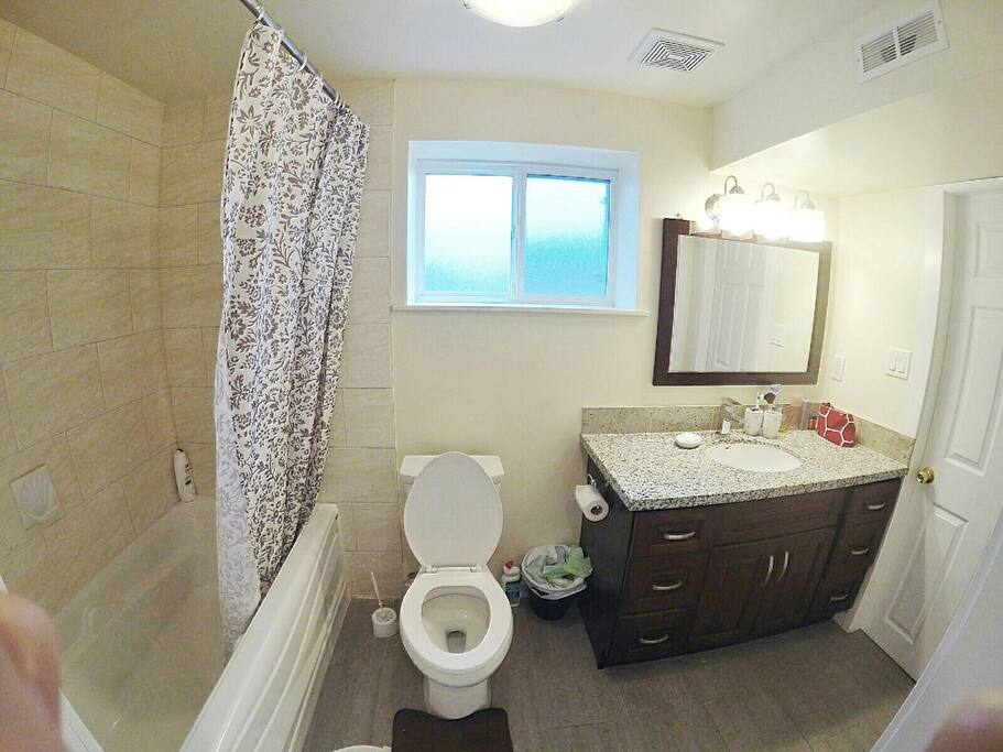 Clean bathroom, the other door is connected to our room but we keep it locked when not used.