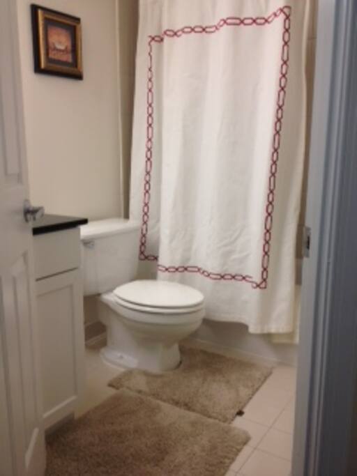 Private full size tub for relaxing soaks.