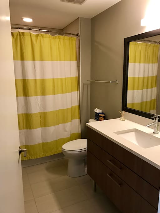 Bathroom is large with soaking tub, wide mirror, and lots of counter space. All linens will be supplied for you!