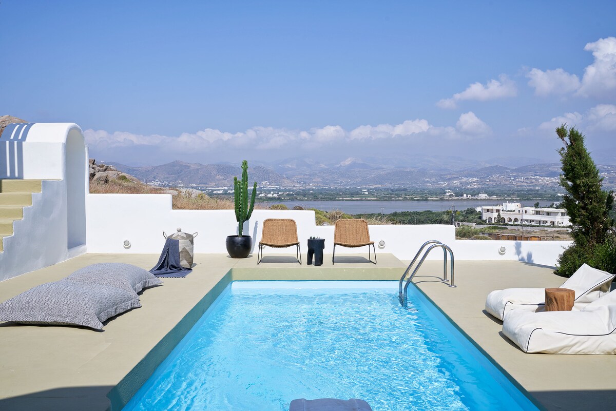 A private outdoor area features a clear blue pool surrounded by soft lounging cushions. Two wicker chairs are positioned adjacent to the pool, with a tall cactus and potted plant adding a touch of greenery. Scenic views of the mountain landscape and sky enhance the serene setting.