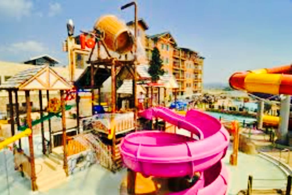 Outdoor waterpark includes rides for all ages.