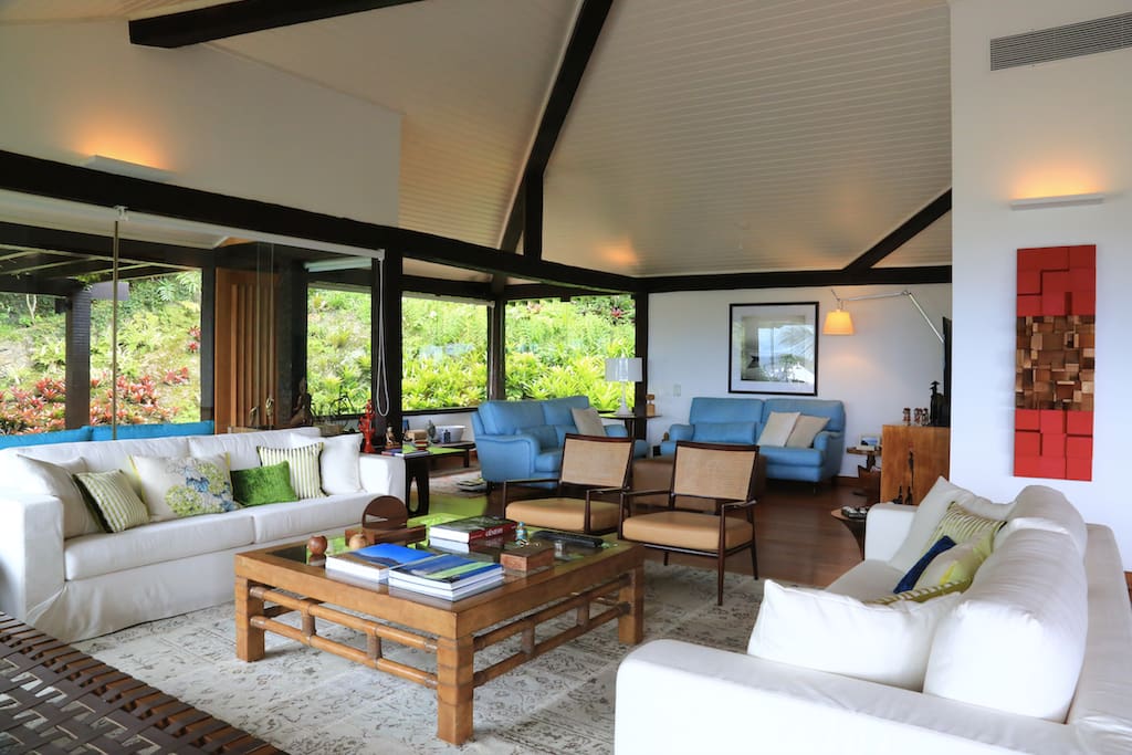 Living room with high ceilings and great view