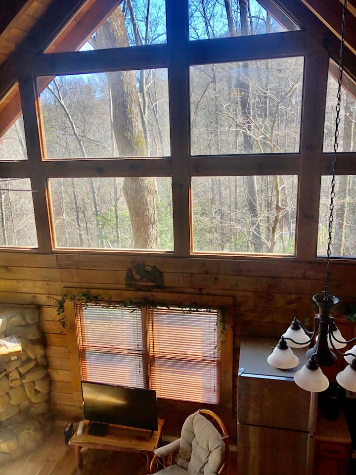 Tazama kutoka kwenye roshani.  Madirisha haya hayajafunikwa na huruhusu mwanga mwingi kwenye nyumba ya mbao.  