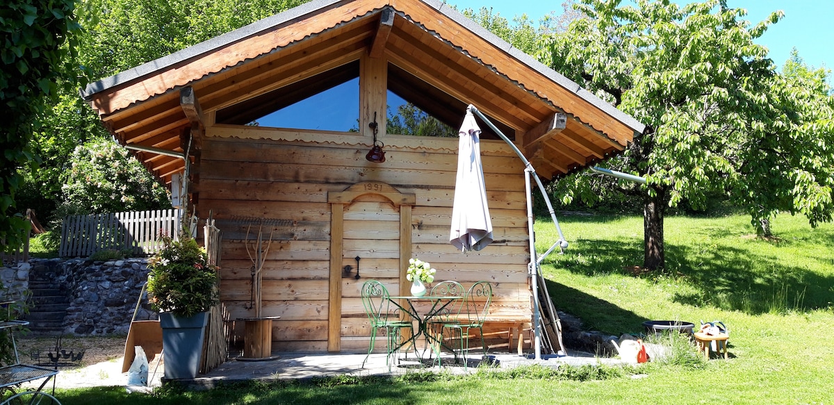 The exterior of a wooden chalet is displayed, featuring a sloped roof and large windows that invite natural light. A small outdoor seating area is visible, including a table with chairs and a sun umbrella. Lush green grass surrounds the structure, complemented by trees in the background.