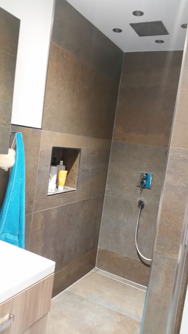 begehbare Dusche im Bad mit Regenbrause