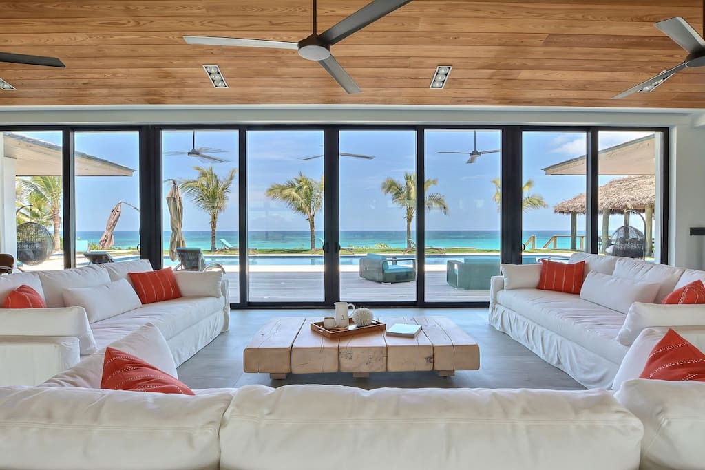 living room with pool view