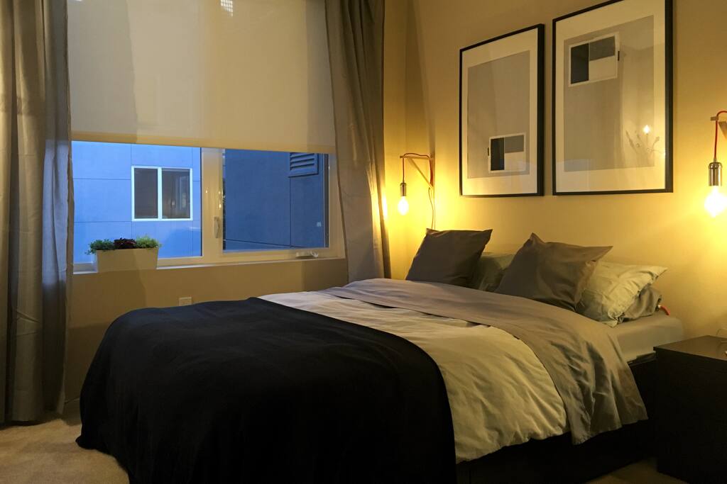 Comfy memory foam queen-sized mattress. Feeling lazy in the morning? There is also a 32" TV (and an Apple TV) in your bedroom ;-)
