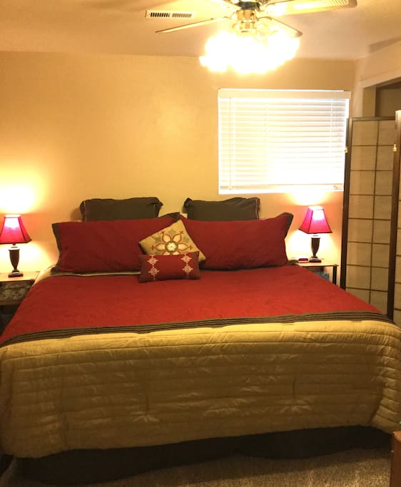 Master bedroom with king size bed, dresser, lamps, iron, and ironing board.