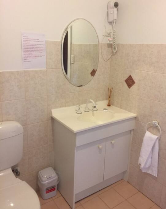 Ensuite bathroom with shower, toilet & hairdryer