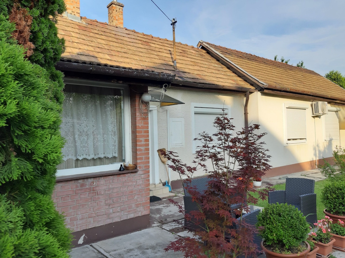 An exterior view of a single-story house is presented, featuring a textured brick wall and a welcoming entrance. Potted plants frame the entryway, while outdoor seating arrangements are visible. A window with lace curtains sits prominently, and a small air conditioning unit is mounted on the side.