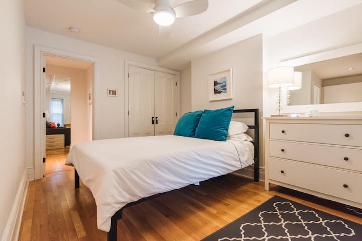 Closet space for hanging clothes, drying rack, pack-n-play portable crib.