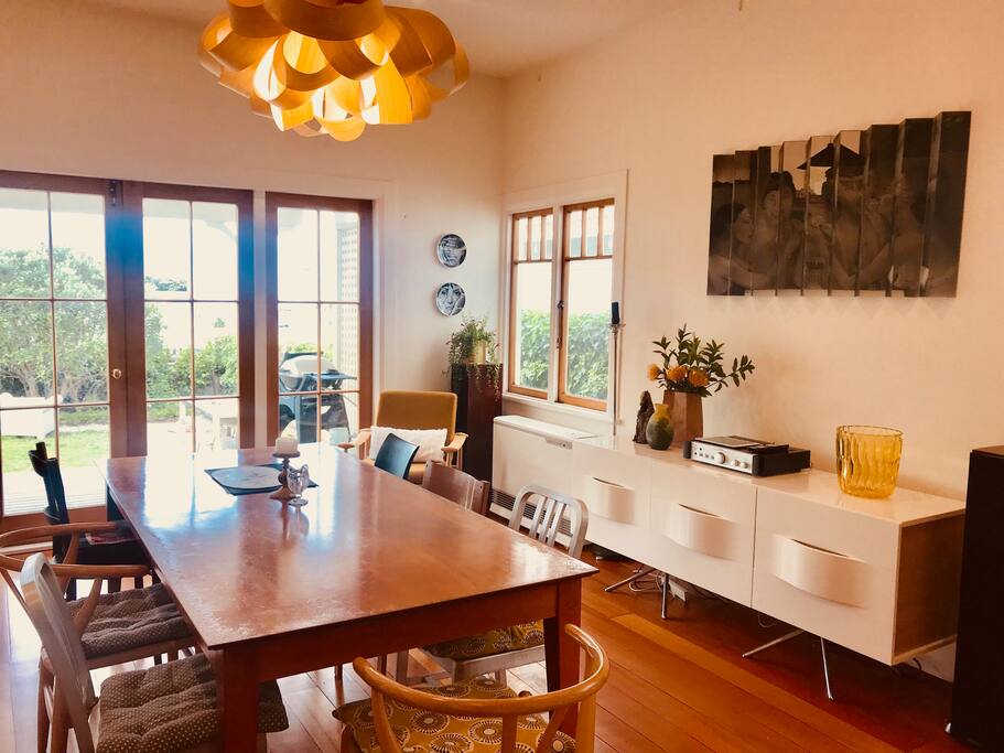 French doors lead from the dining room to the veranda and rear garden.