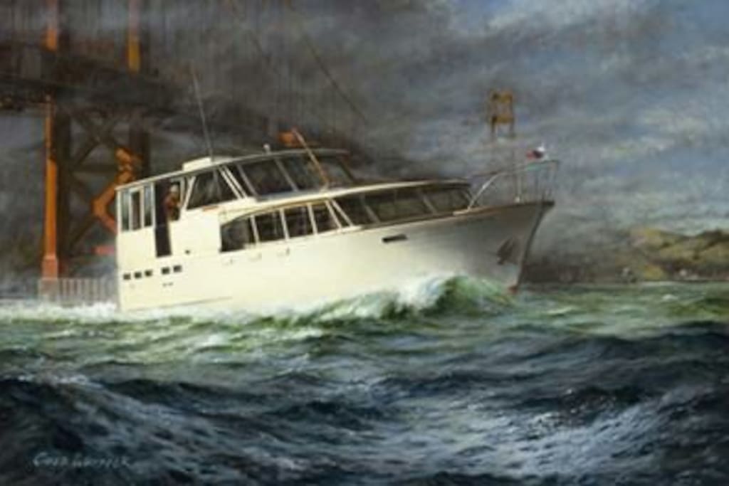 Renowned marine artist Caleb Whitbeck hangs in the rotunda of San Francisco Yacht Club this is a miniature in salon.