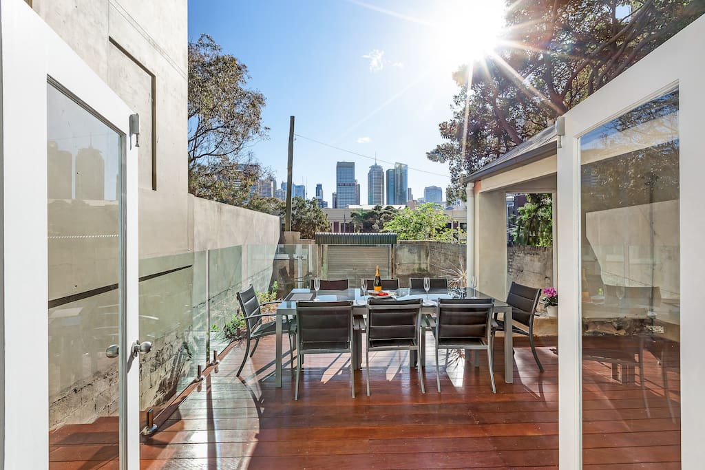 Unwind on one of the largest terrace balconies in Darlinghurst at the outdoor dining table with private uninterrupted views to the city and secure parking for 2 cars. “Paul was an amazing host, so warm, friendly and helpful! We had an amazing time at this place which is stunning, breakfast on the terrace was a gorgeous way to start the day.”- Sally Hankin *****