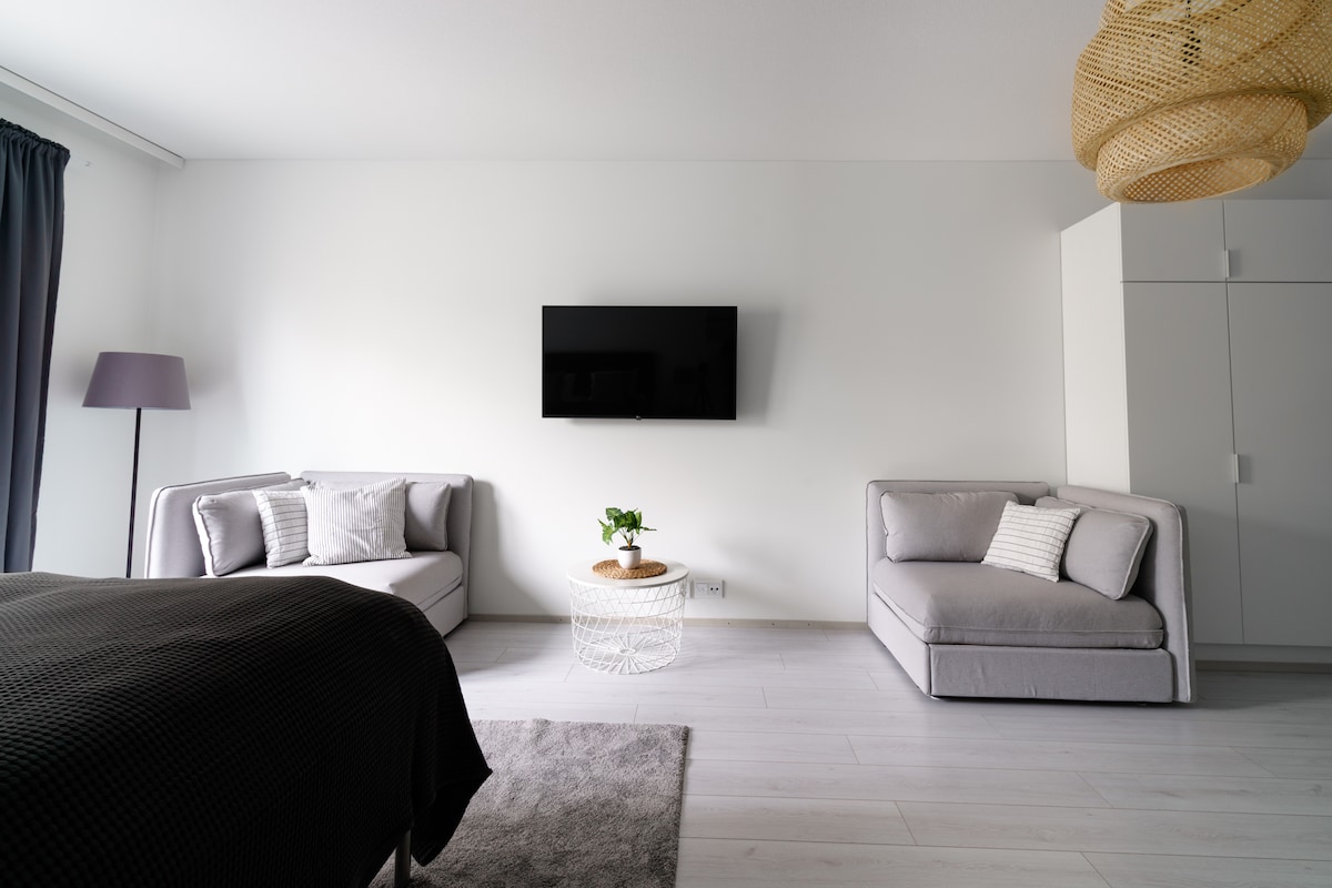 A modern living area features two light grey sofas, each adorned with cushions, positioned opposite a flat-screen television mounted on the wall. A small, round table is set in the center, accompanied by a decorative plant. Soft natural light fills the space.